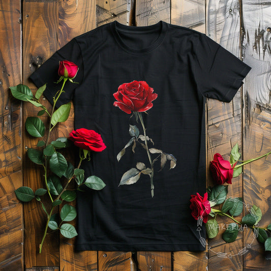 Black t-shirt with rose flower floral nature garden farm red white climbing plant print