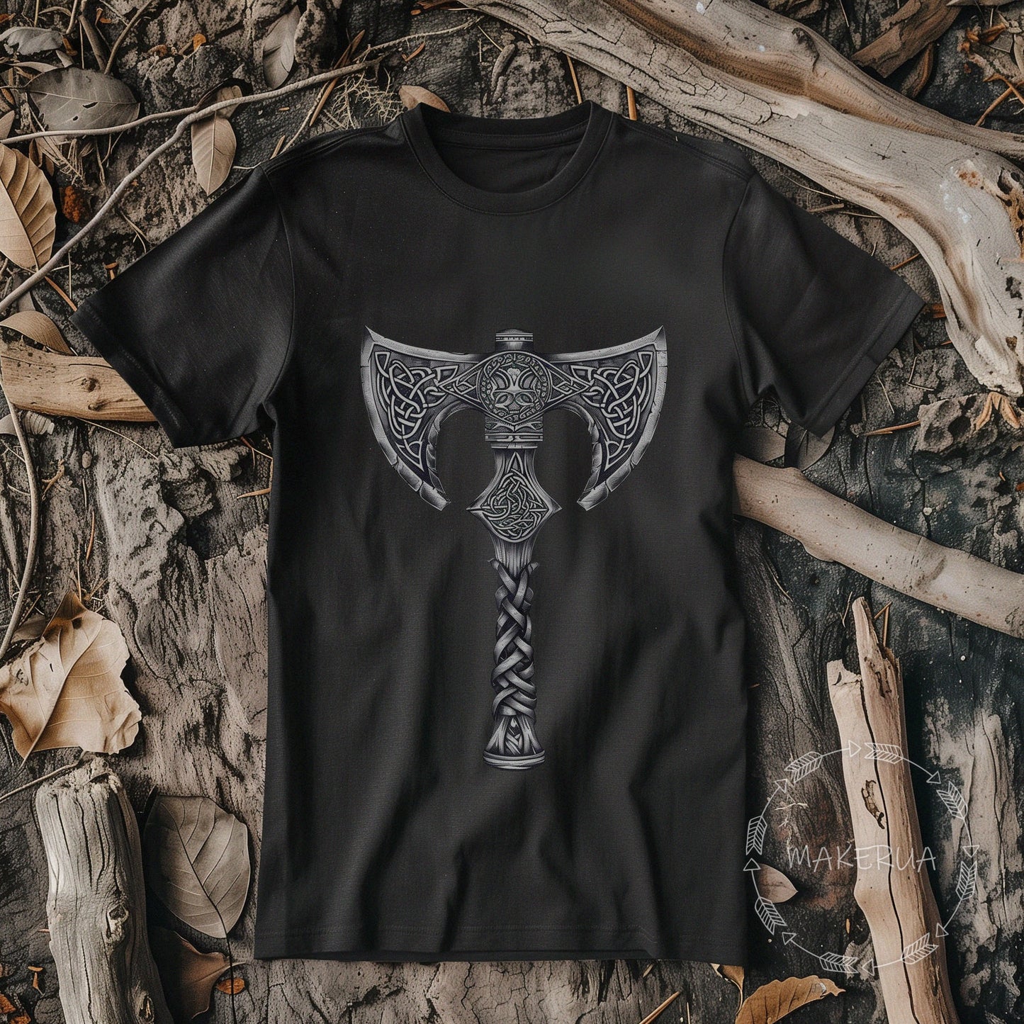 Black t-shirt with viking vintage mythology symbols spiritual warrior runes norse celtic print