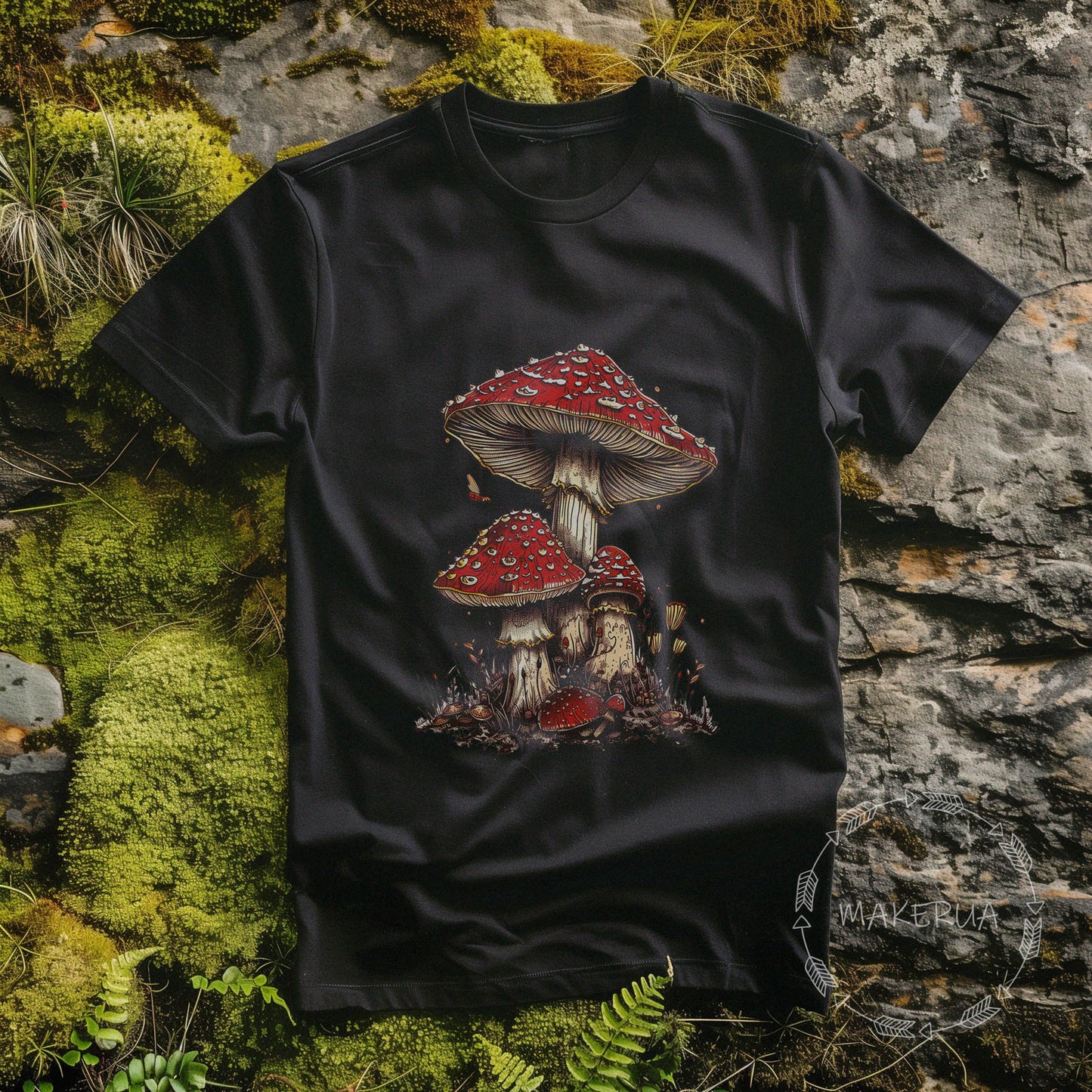 Black t-shirt with mushroom fungi psychedelic hippie neon nature trippy farm vintage print