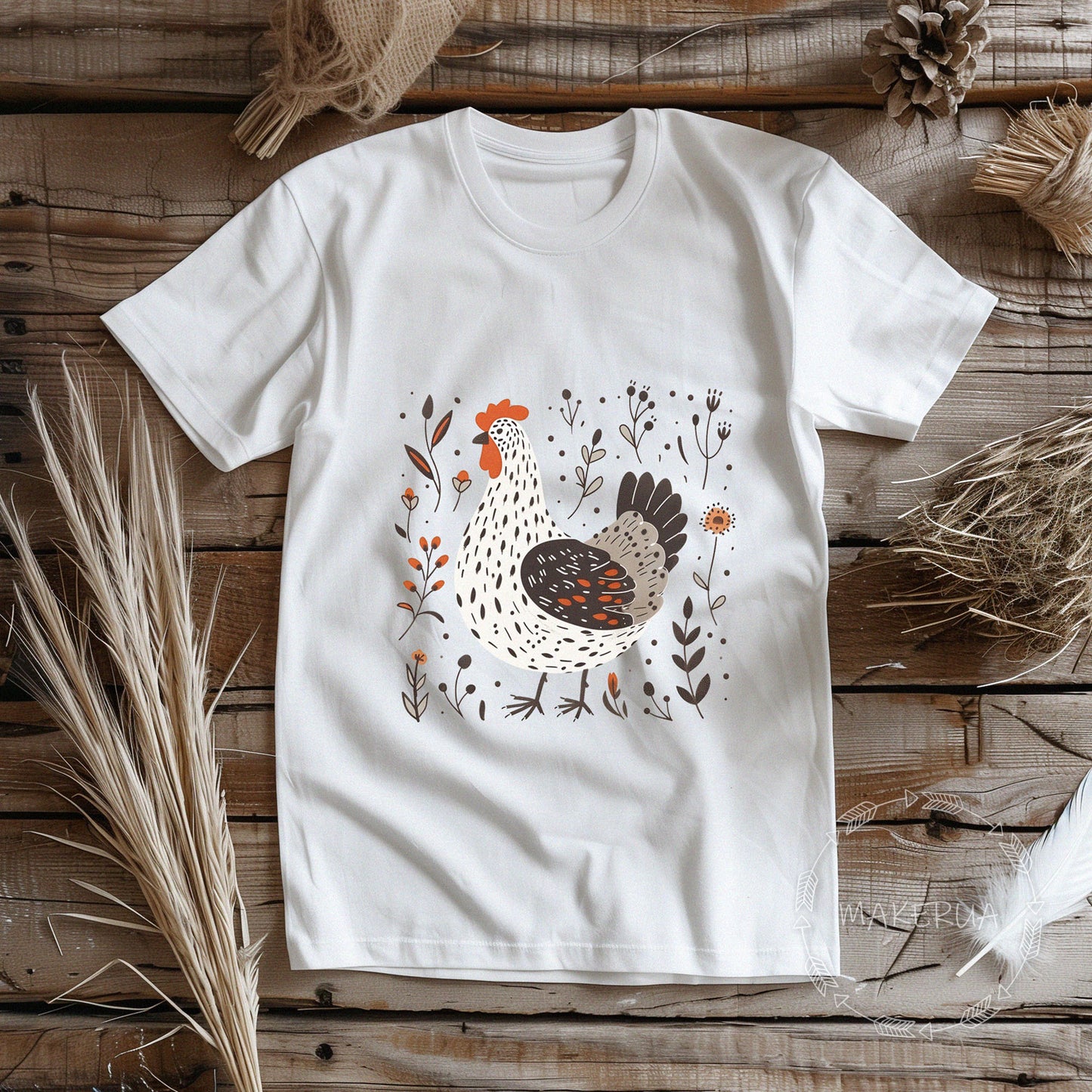 White t-shirt with chicken hen breed cochin orpington silkie floral garden farm house print