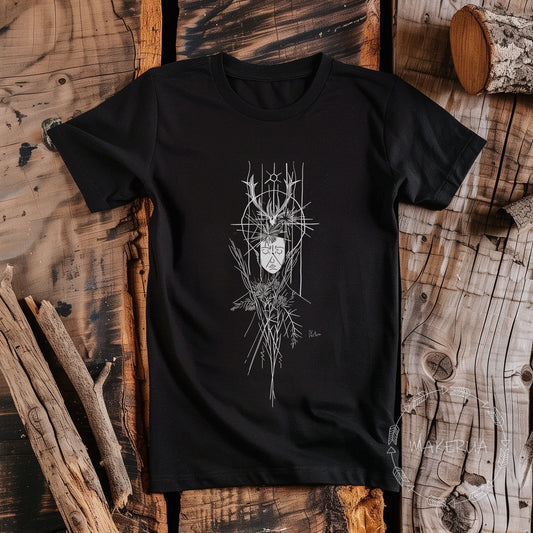 Black t-shirt with viking vintage mythology symbols spiritual mysterious runes norse celtic print