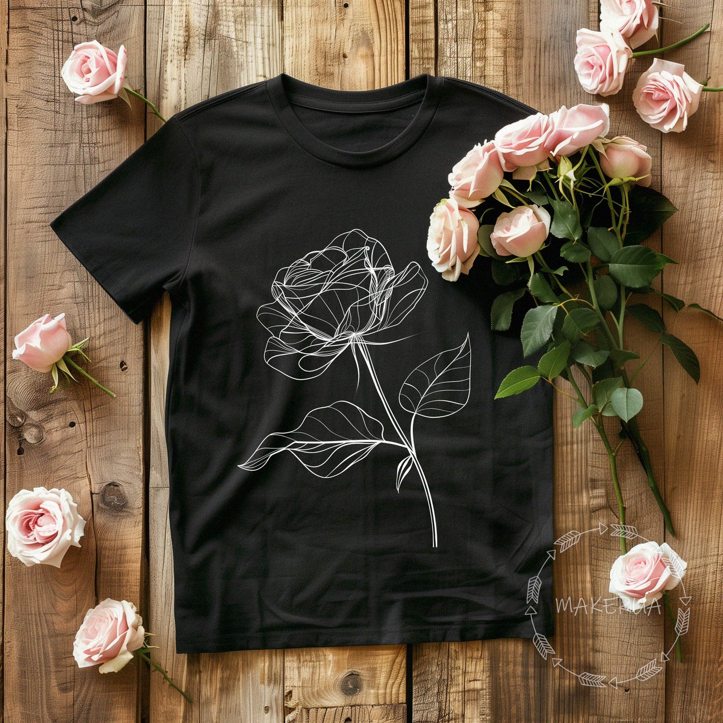 Black t-shirt with rose flower floral nature garden farm red white climbing wildflowers print