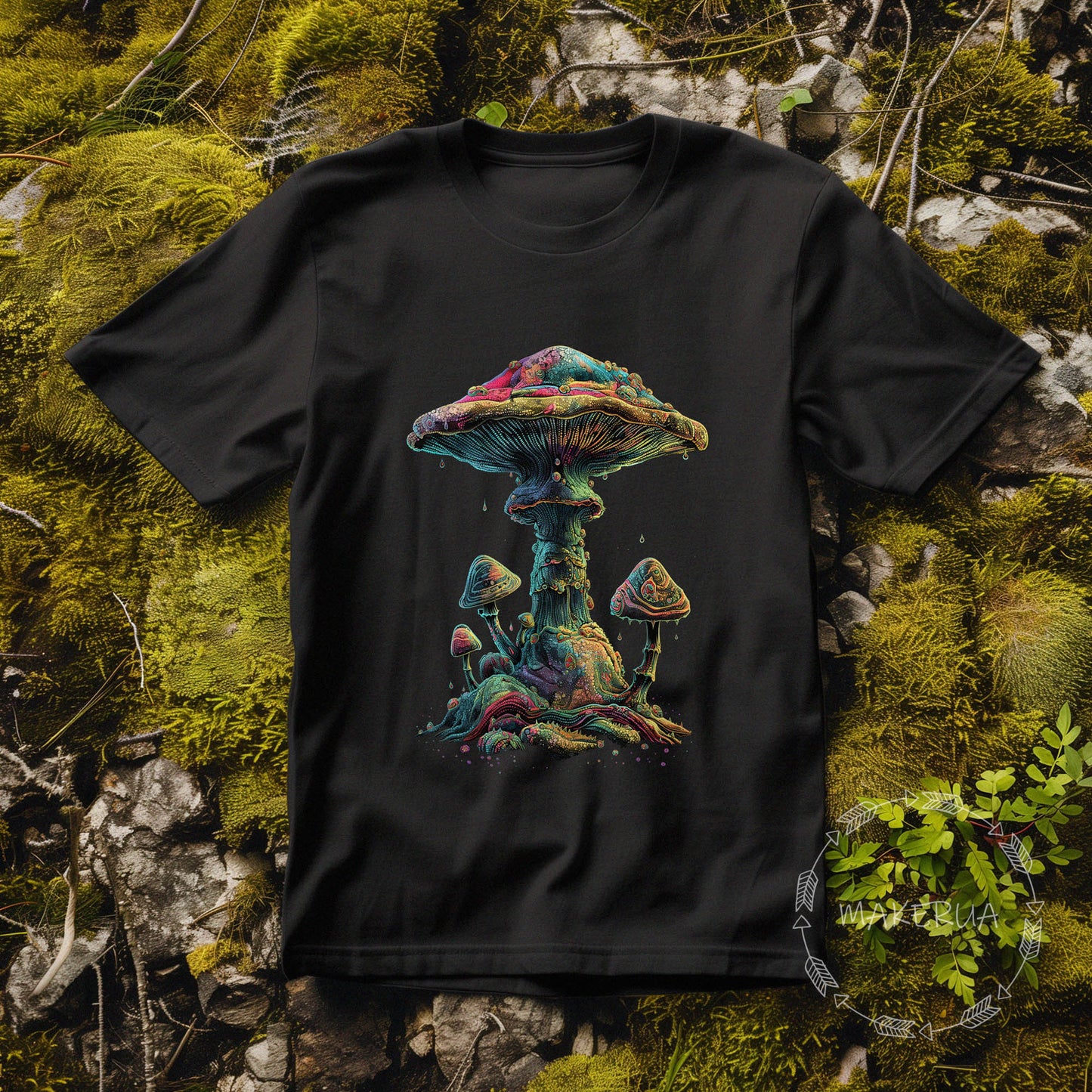 Black t-shirt with mushroom fungi psychedelic hippie moss nature trippy farm vintage print