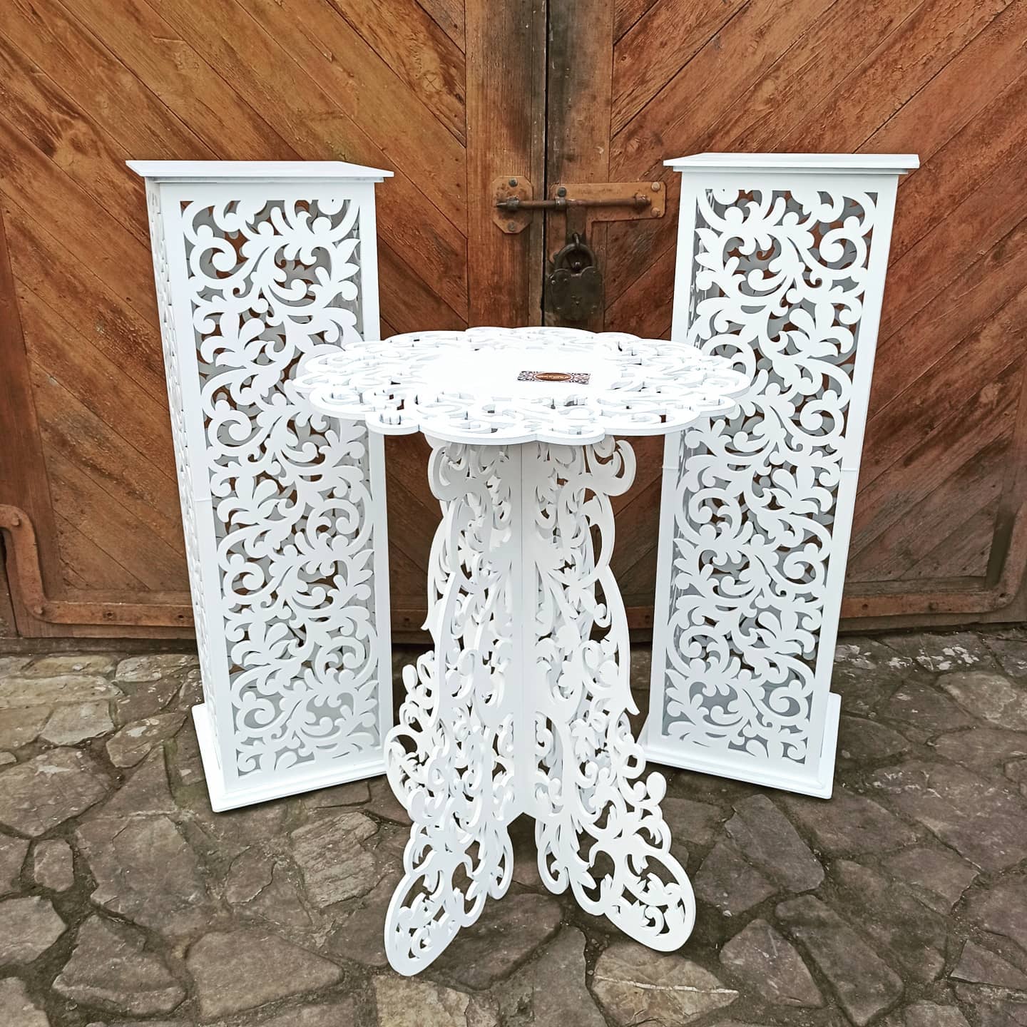 Table decorations accent boho lace plywood wooden wood white plant flower sweet cake stand pedestal baby shower birthday wedding event party prop shop photo booth arch victorian style decor