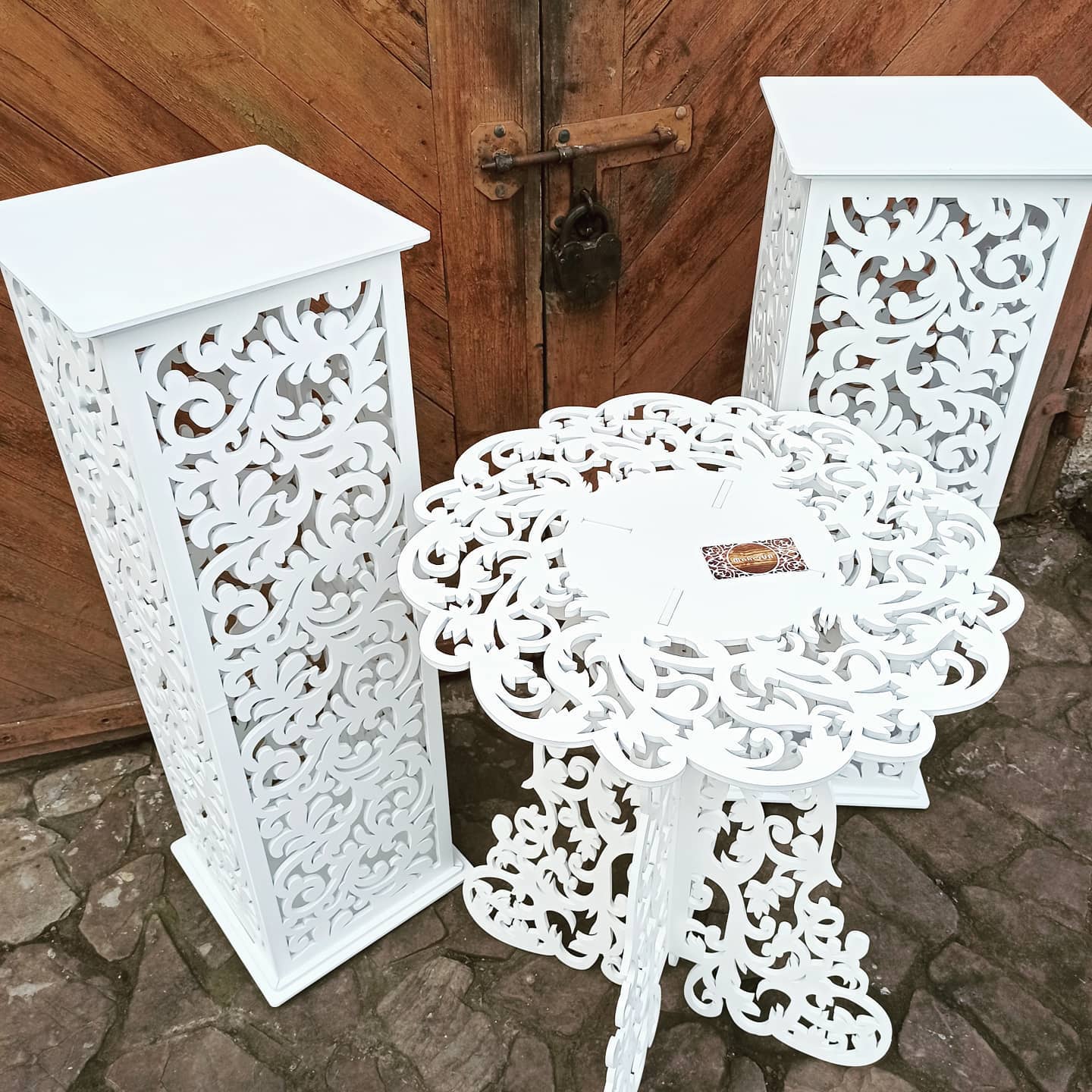 Table decorations accent boho lace plywood wooden wood white plant flower sweet cake stand pedestal baby shower birthday wedding event party prop shop photo booth arch victorian style decor