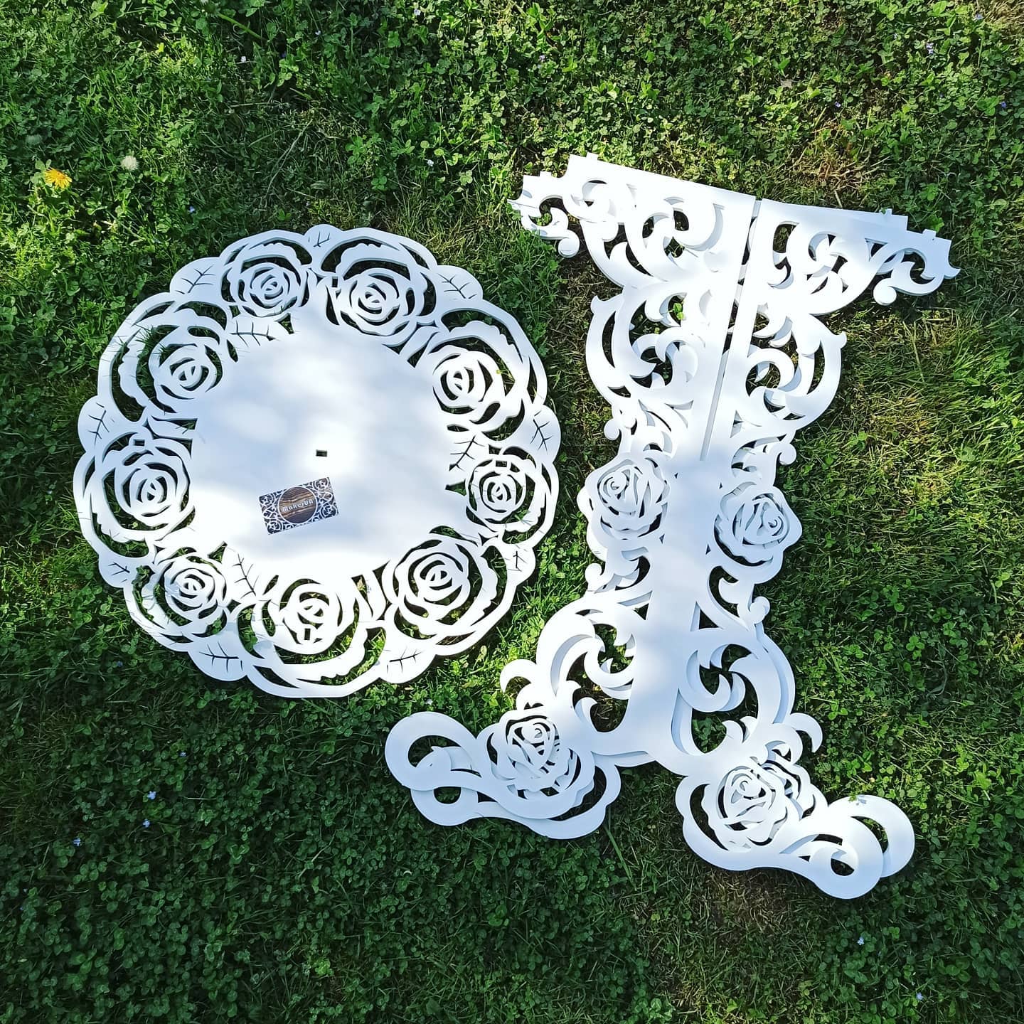 Table Roses decorations accent plywood wooden wood white plant flower sweet cake stand pedestal baby shower birthday wedding event party prop shop photo booth balloon arch style decor