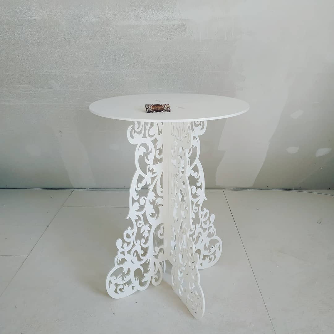 Table cake decorations accent plywood wooden wood white plant flower sweet cake stand pedestal baby shower birthday wedding event party prop shop photo booth balloon arch victorian style decor