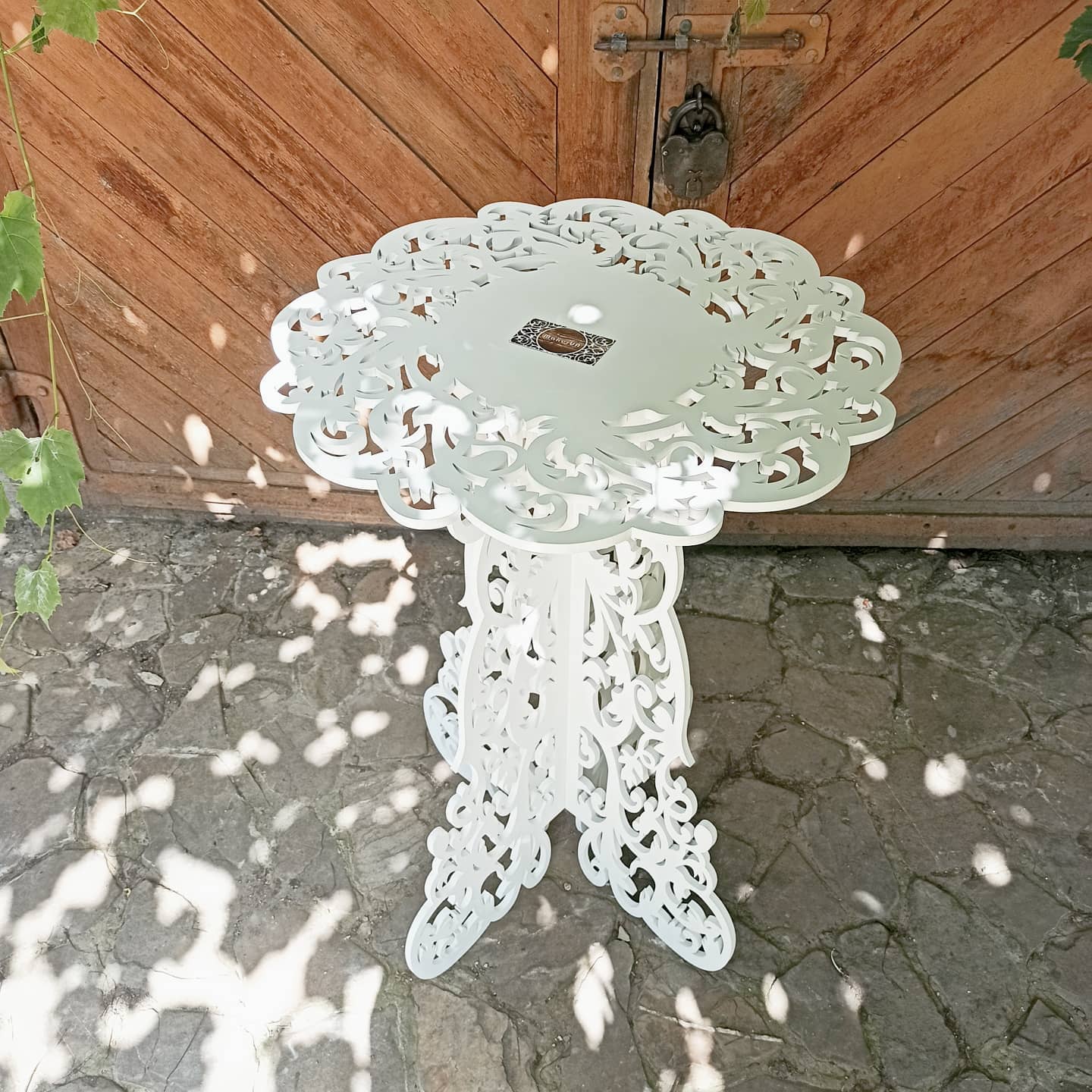 Table decorations accent boho lace plywood wooden wood white plant flower sweet cake stand pedestal baby shower birthday wedding event party prop shop photo booth arch victorian style decor