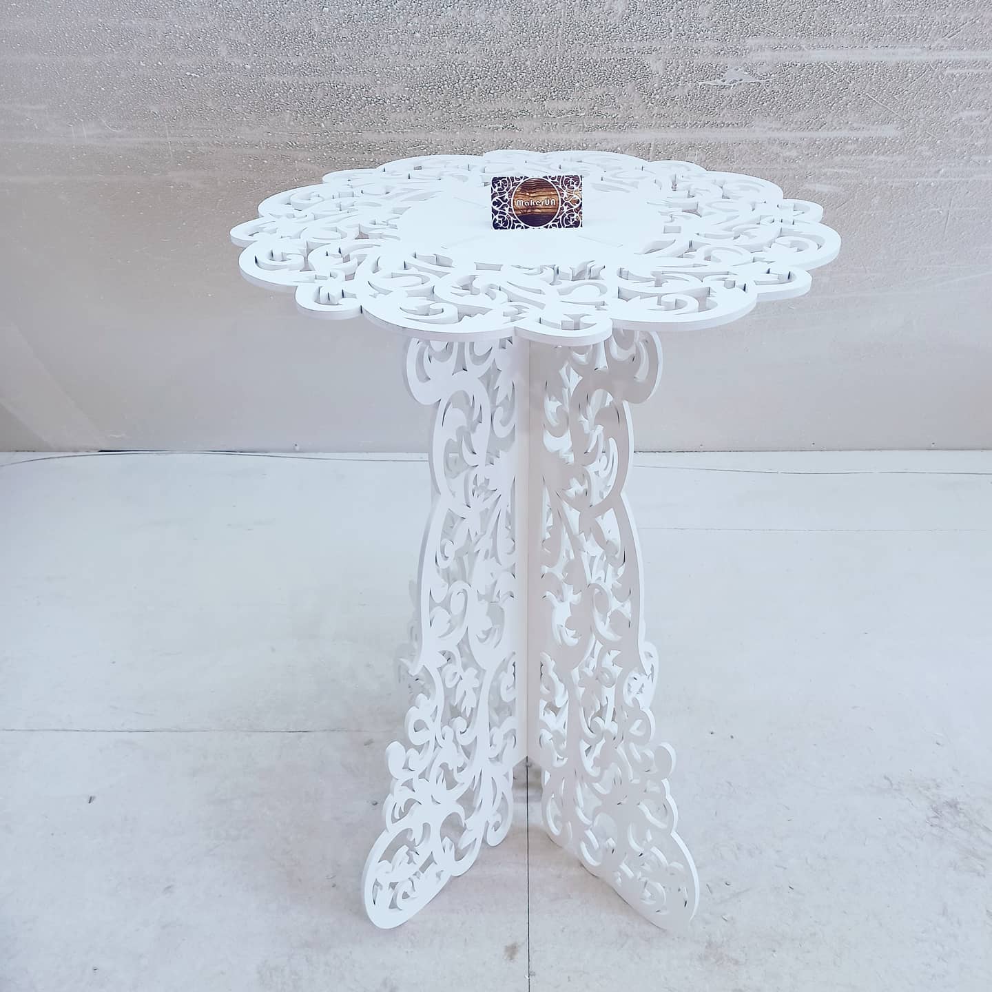 Table decorations accent boho lace plywood wooden wood white plant flower sweet cake stand pedestal baby shower birthday wedding event party prop shop photo booth arch victorian style decor