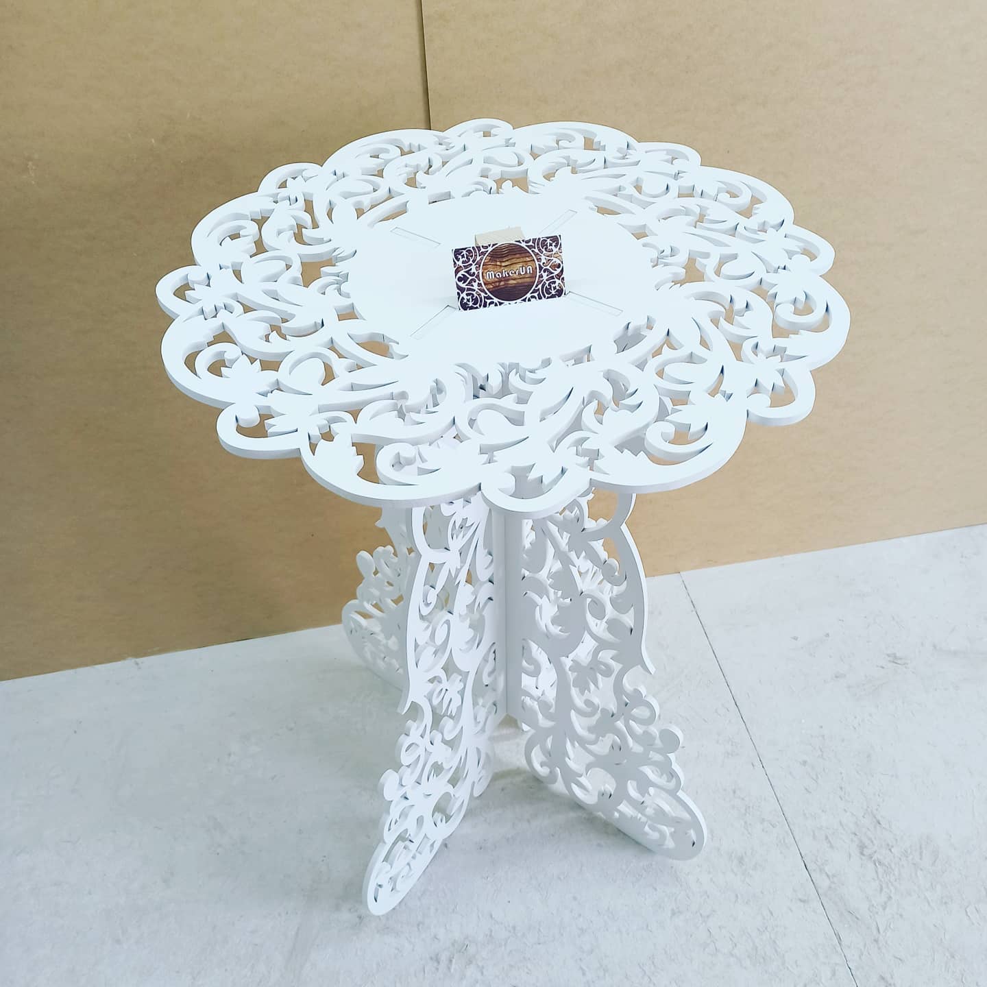 Table decorations accent boho lace plywood wooden wood white plant flower sweet cake stand pedestal baby shower birthday wedding event party prop shop photo booth arch victorian style decor