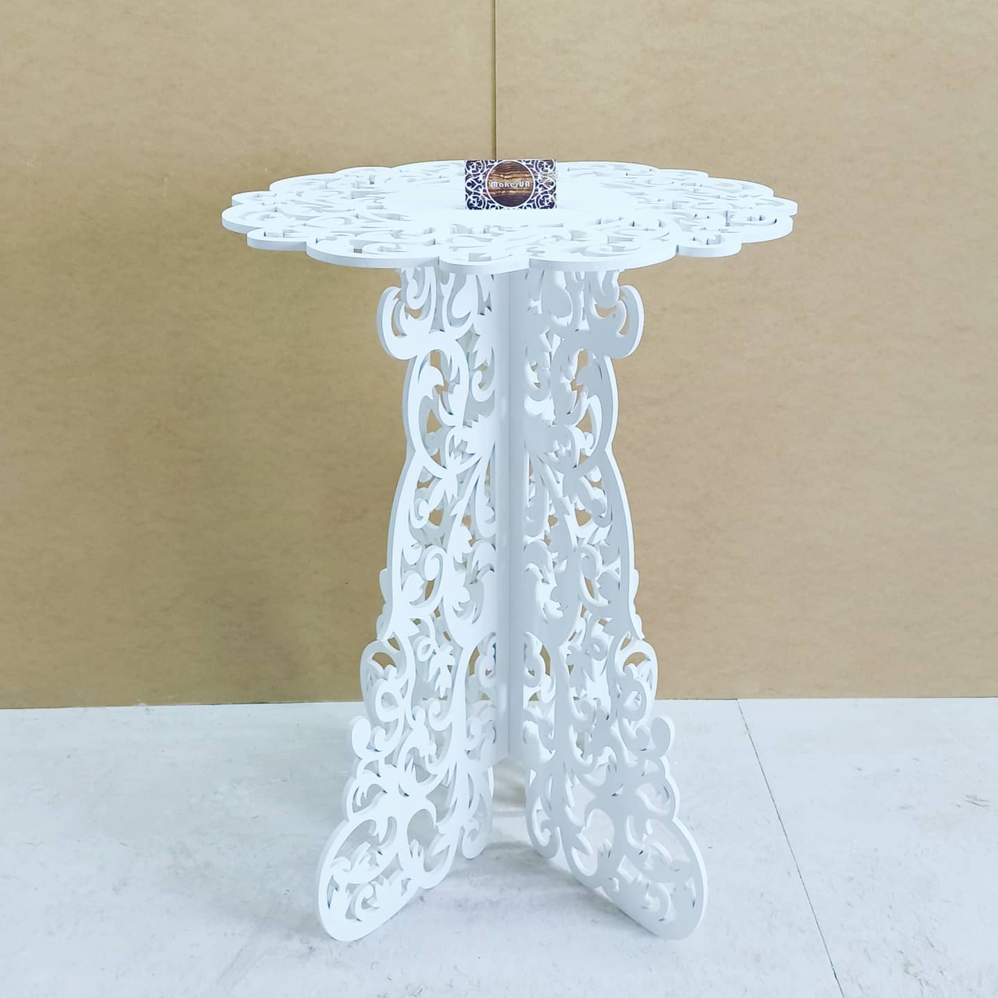 Table decorations accent boho lace plywood wooden wood white plant flower sweet cake stand pedestal baby shower birthday wedding event party prop shop photo booth arch victorian style decor