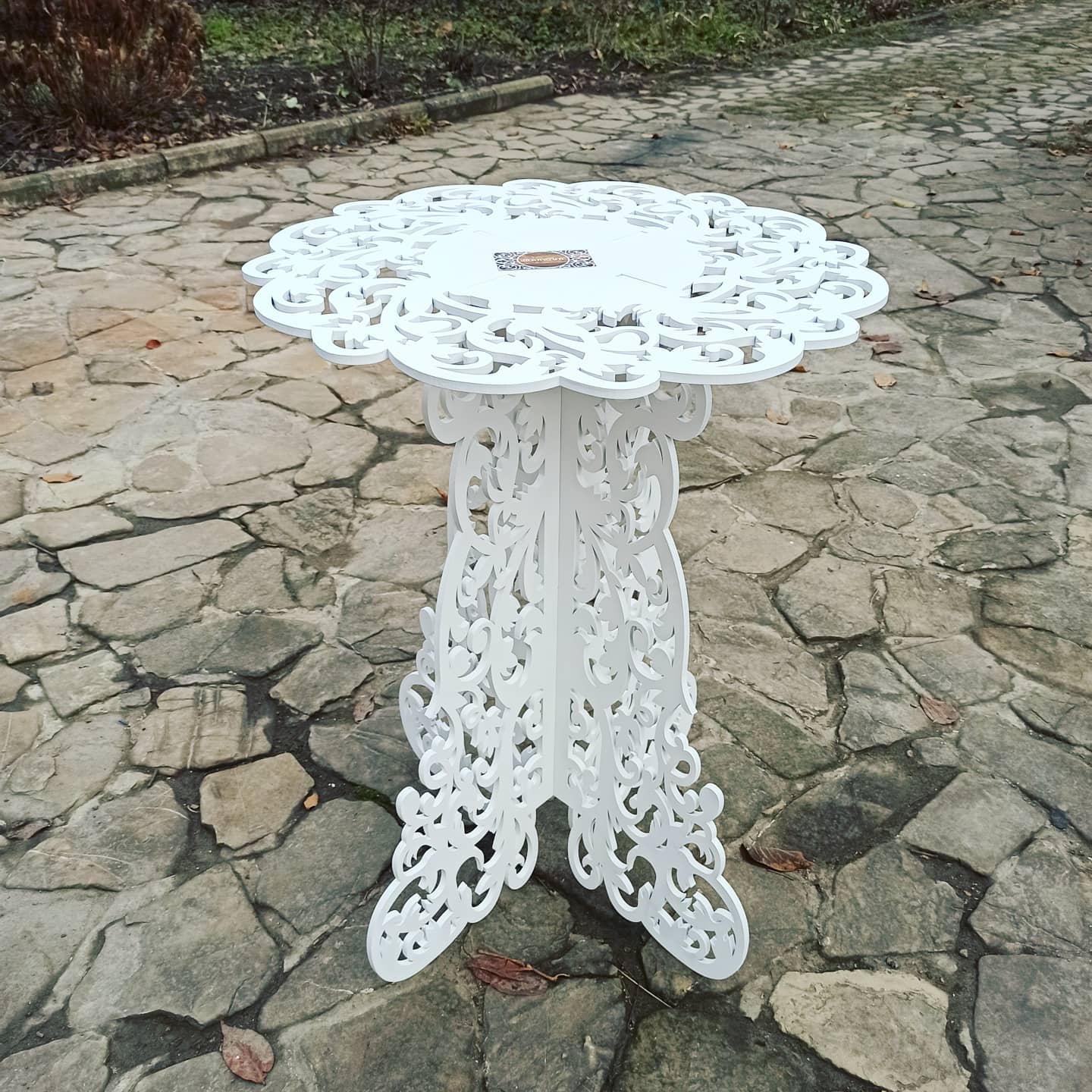 Table decorations accent boho lace plywood wooden wood white plant flower sweet cake stand pedestal baby shower birthday wedding event party prop shop photo booth arch victorian style decor