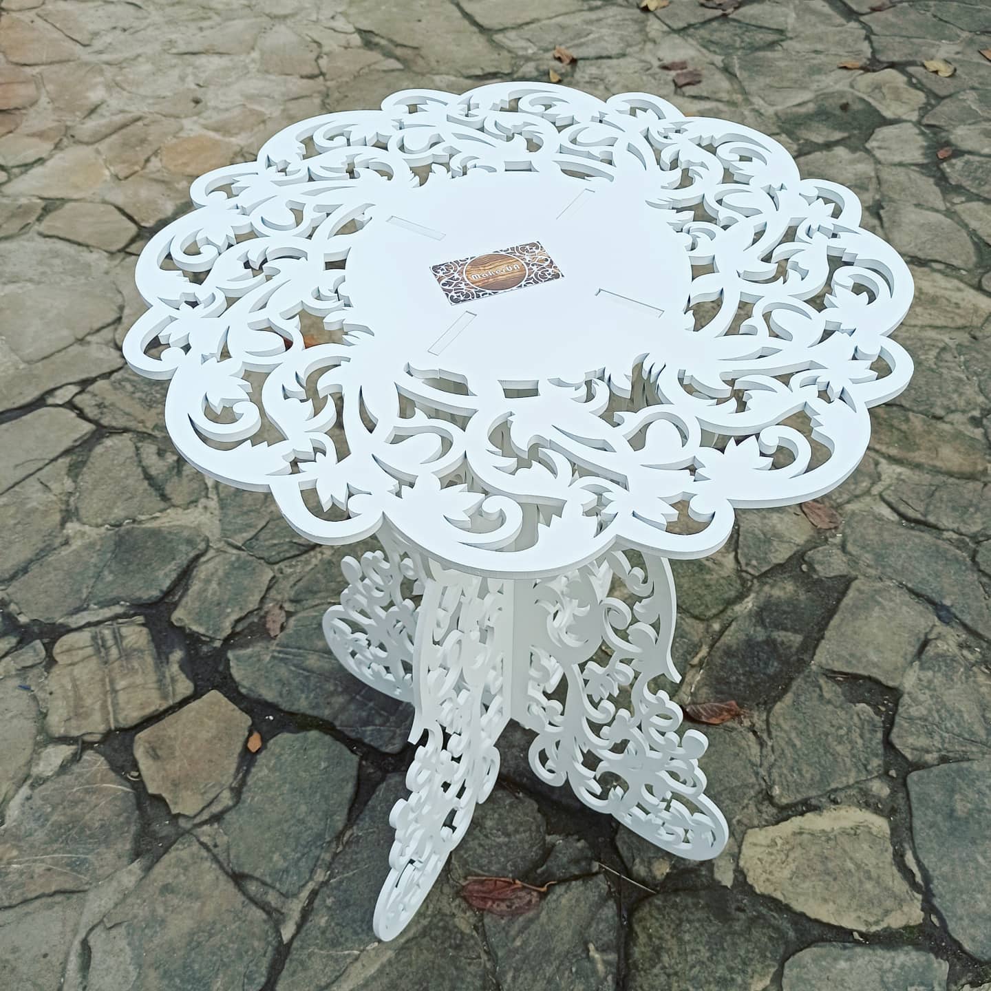 Table decorations accent boho lace plywood wooden wood white plant flower sweet cake stand pedestal baby shower birthday wedding event party prop shop photo booth arch victorian style decor