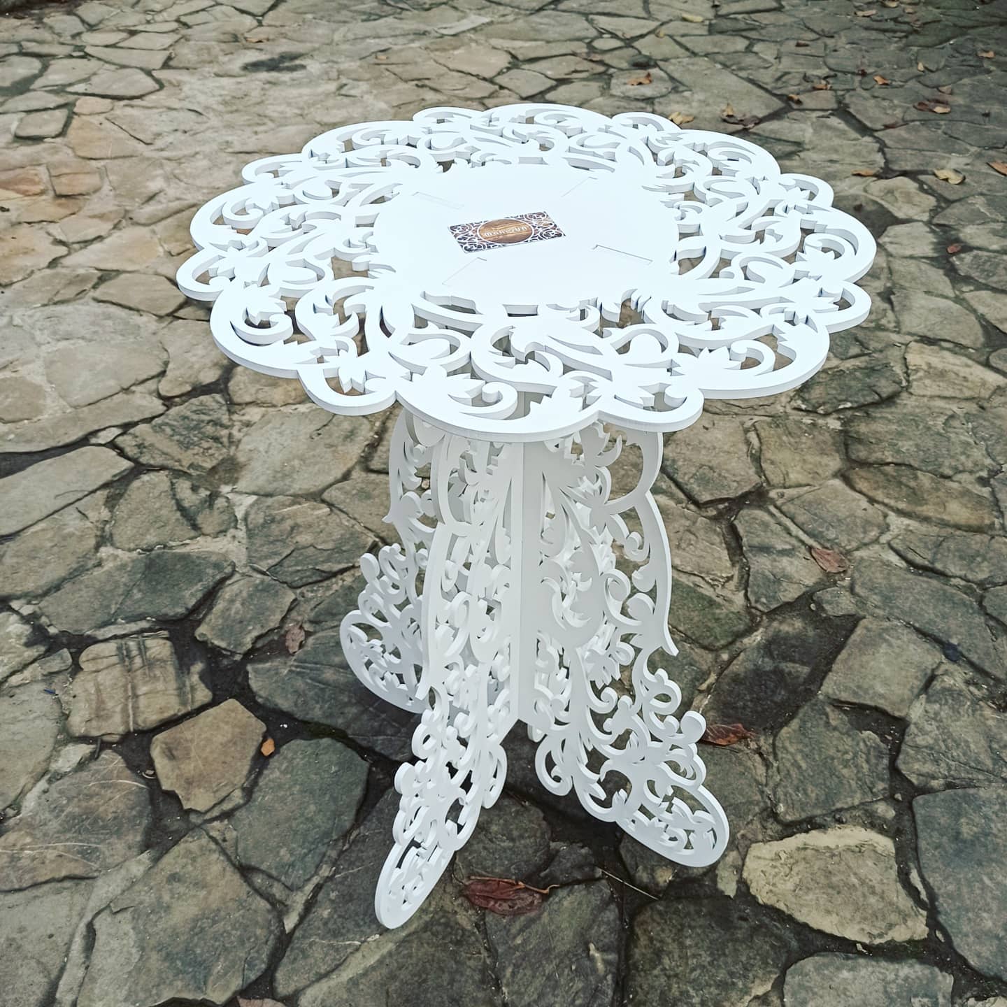 Table decorations accent boho lace plywood wooden wood white plant flower sweet cake stand pedestal baby shower birthday wedding event party prop shop photo booth arch victorian style decor